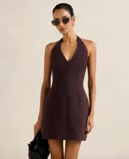 Riley Petite Structured Halter Mini Dress chocolate size 10  for rent on The Volte - image 1