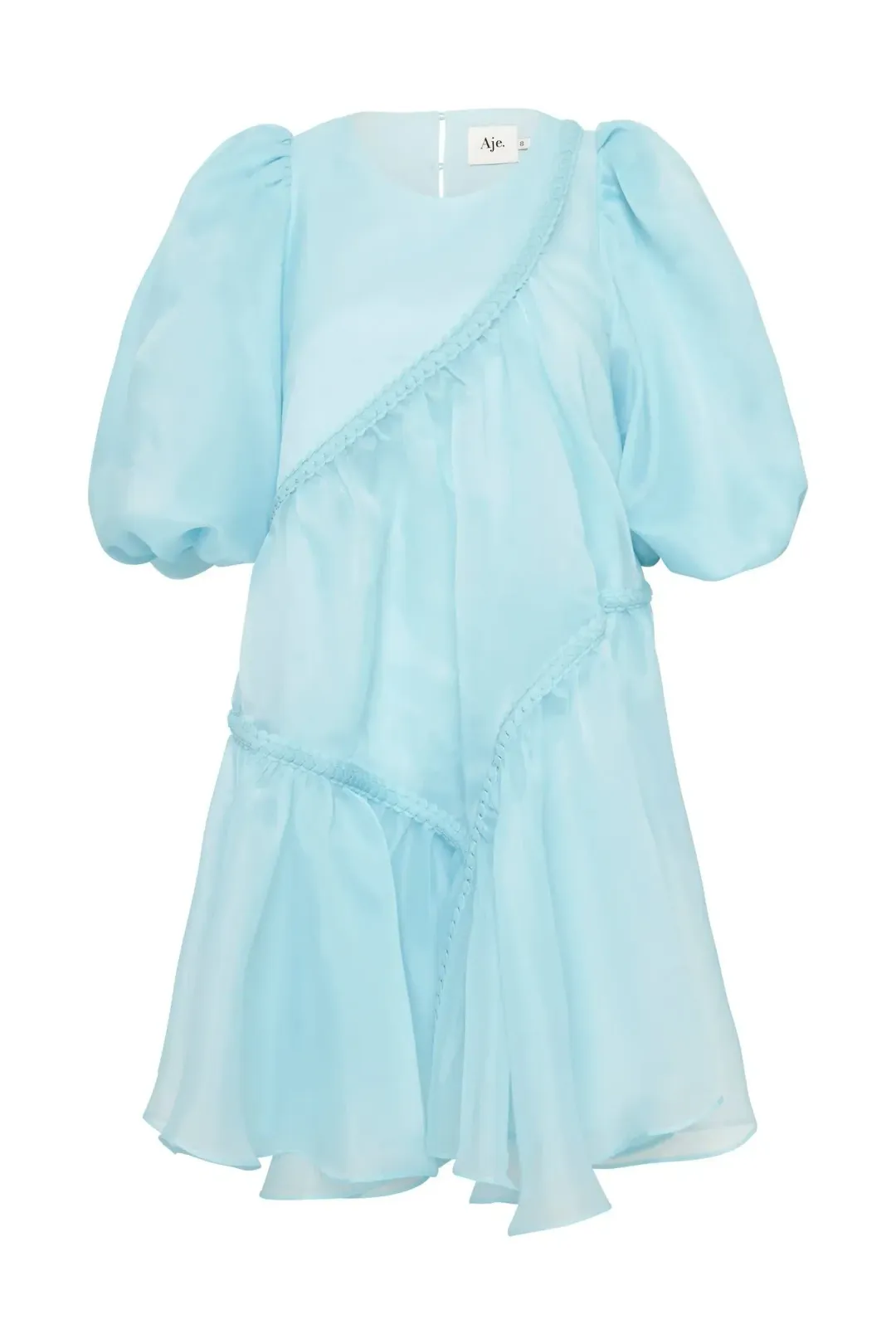  Aje Riviera Asymmetric Braided Puff Sleeve Smock Dress Blue Size 12 for rent on The Volte - main image