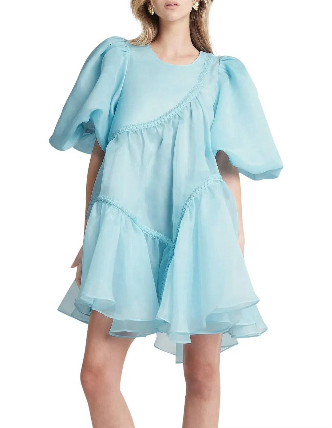  Aje Riviera Asymmetric Braided Puff Sleeve Smock Dress Blue Size 12 for rent on The Volte - main image
