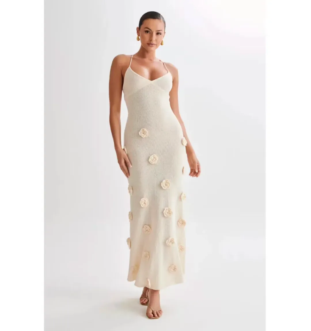 Meshki Suki Knit Maxi Dress With Flowers Nude Size Small / AU 8 for rent on The Volte - main image