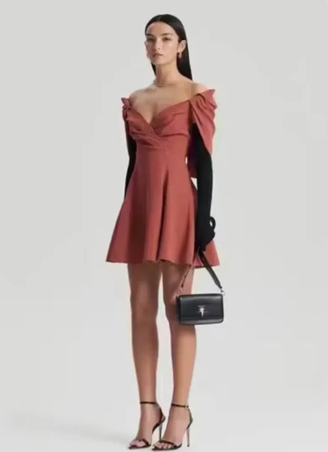 Scanlan Theodore Cape Sleeve Mini Dress in colour Sepia, Size 10. for rent on The Volte - main image