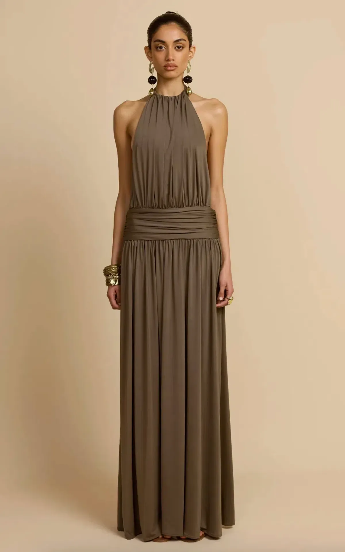arcina ori, SANTINA DRESS KHAKI, maxi, size 8  for rent on The Volte - main image