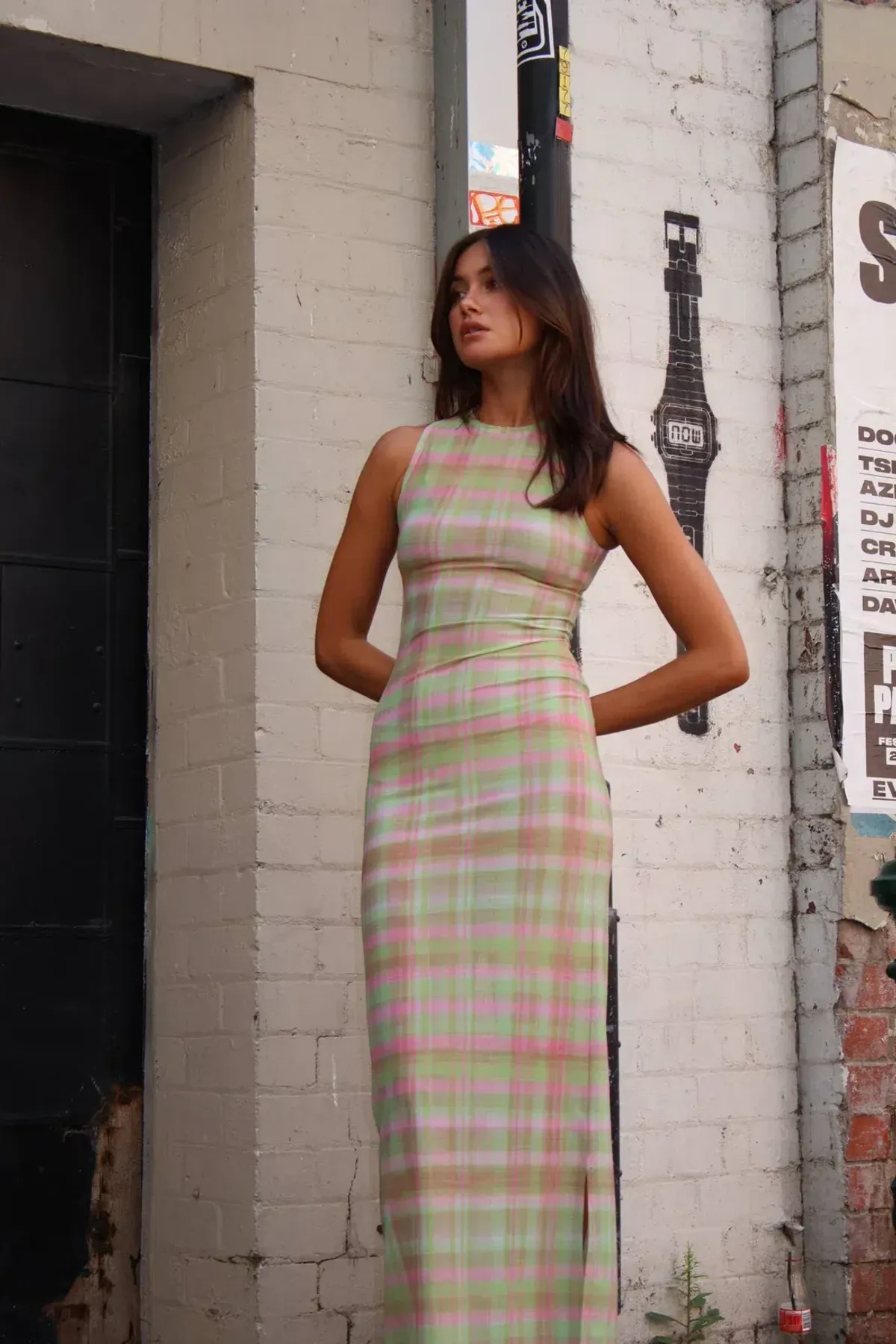 With Harper Lu Plaid Mesh Maxi Dress in green and pink for rent on The Volte - main image