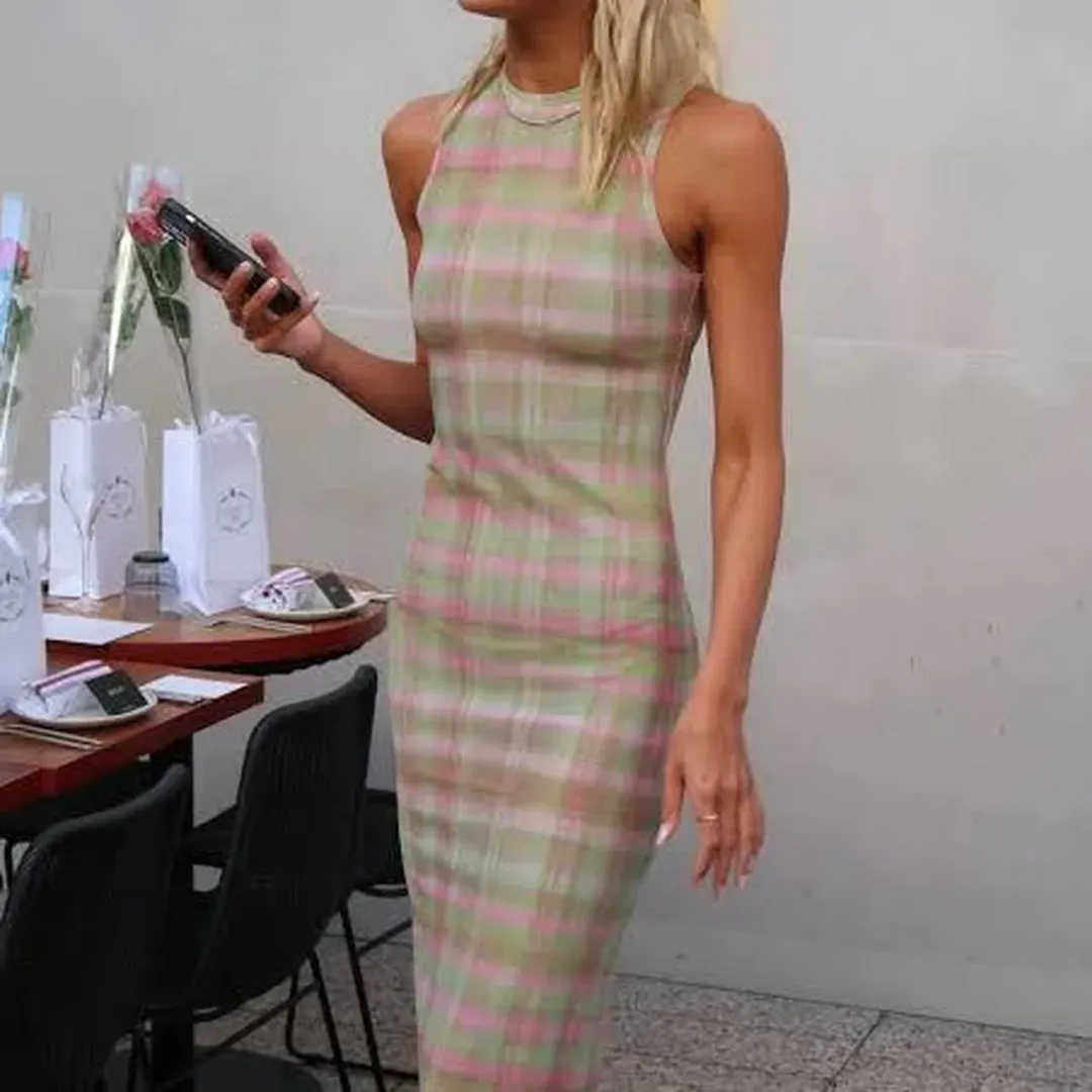 With Harper Lu Plaid Mesh Maxi Dress in green and pink for rent on The Volte - main image