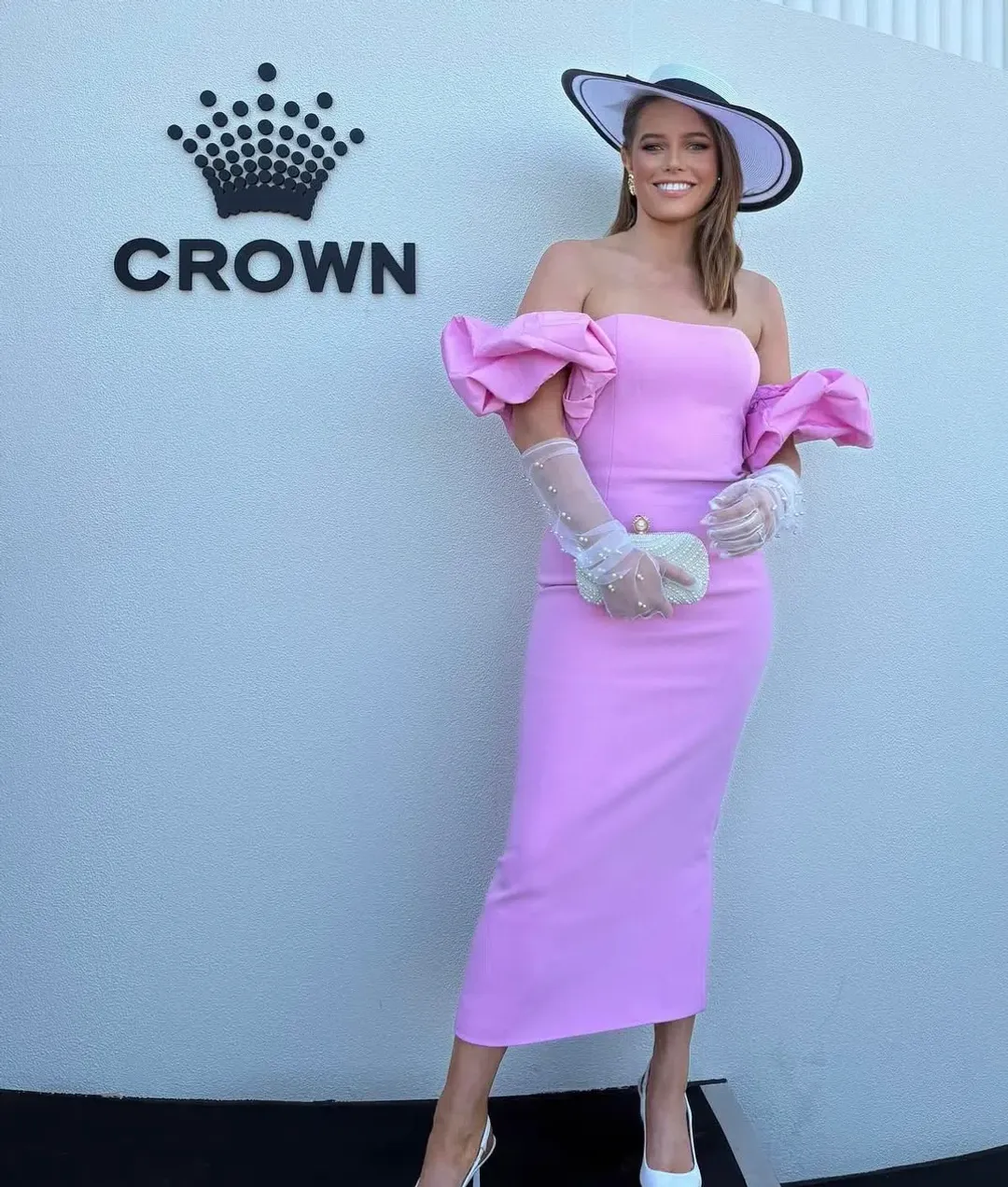 Bianca and Bridgett size 10 pink midi dress with bubble sleeves  for rent on The Volte - main image