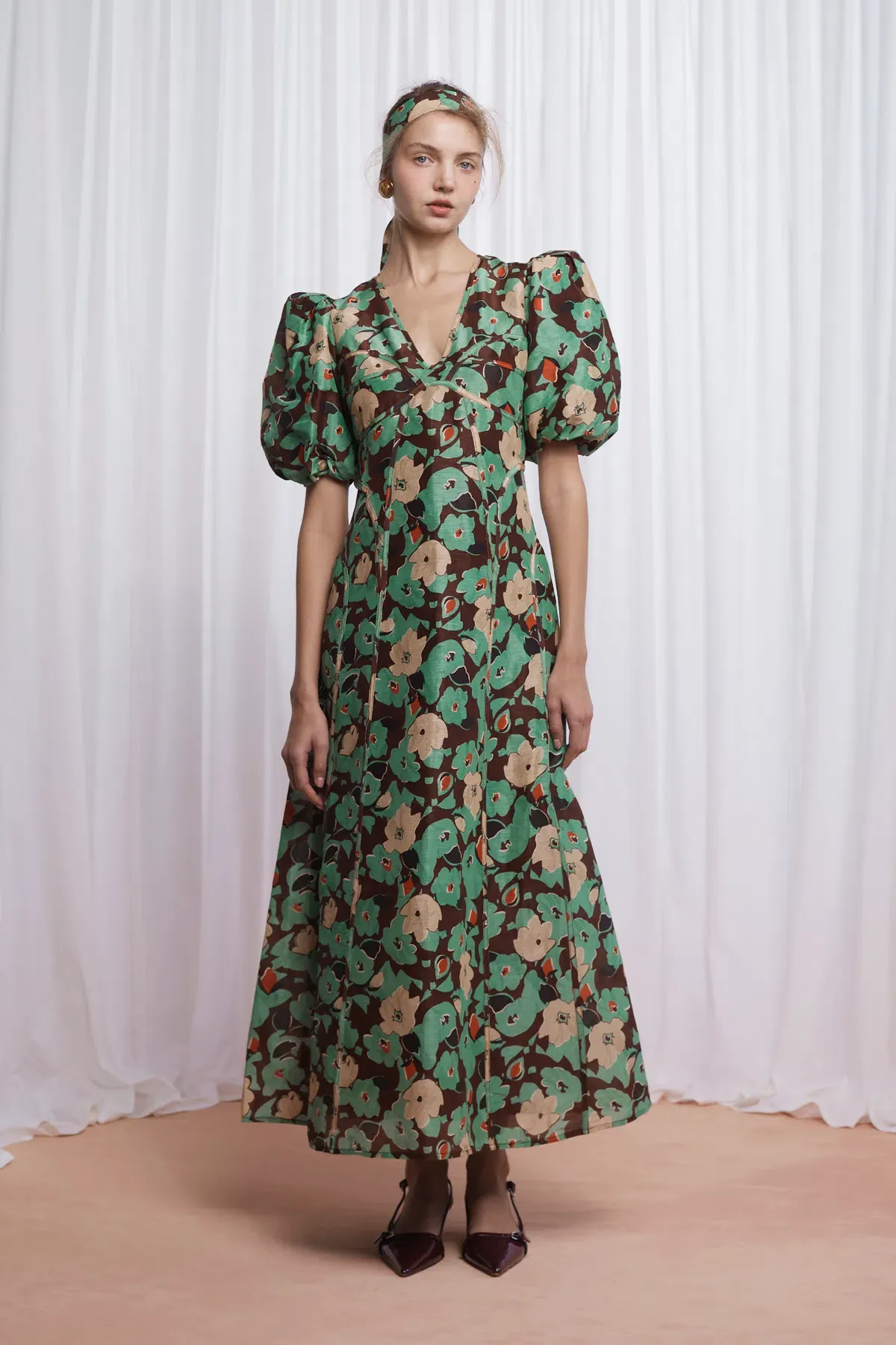 Lovaan Adeline Silk Linen Floral Dress Green Size 10/M for rent on The Volte - main image