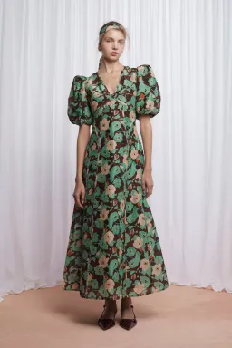 Lovaan Adeline Silk Linen Floral Dress Green Size 10/M for rent on The Volte - image 1