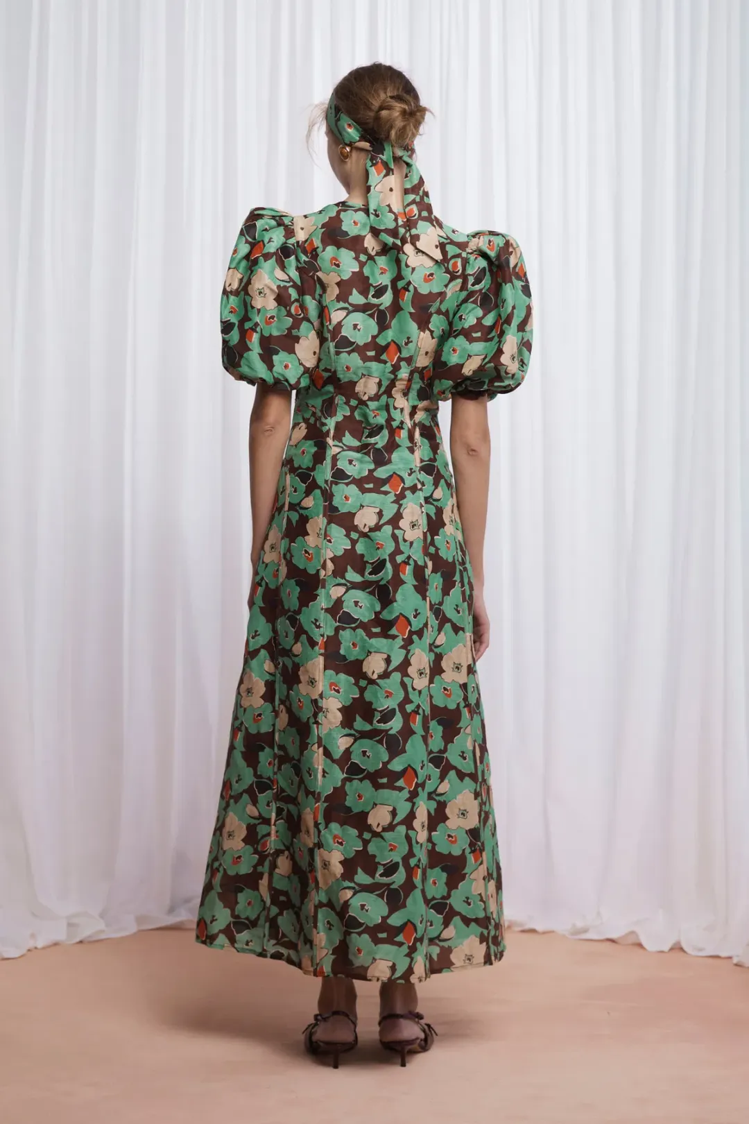 Lovaan Adeline Silk Linen Floral Dress Green Size 10/M for rent on The Volte - main image