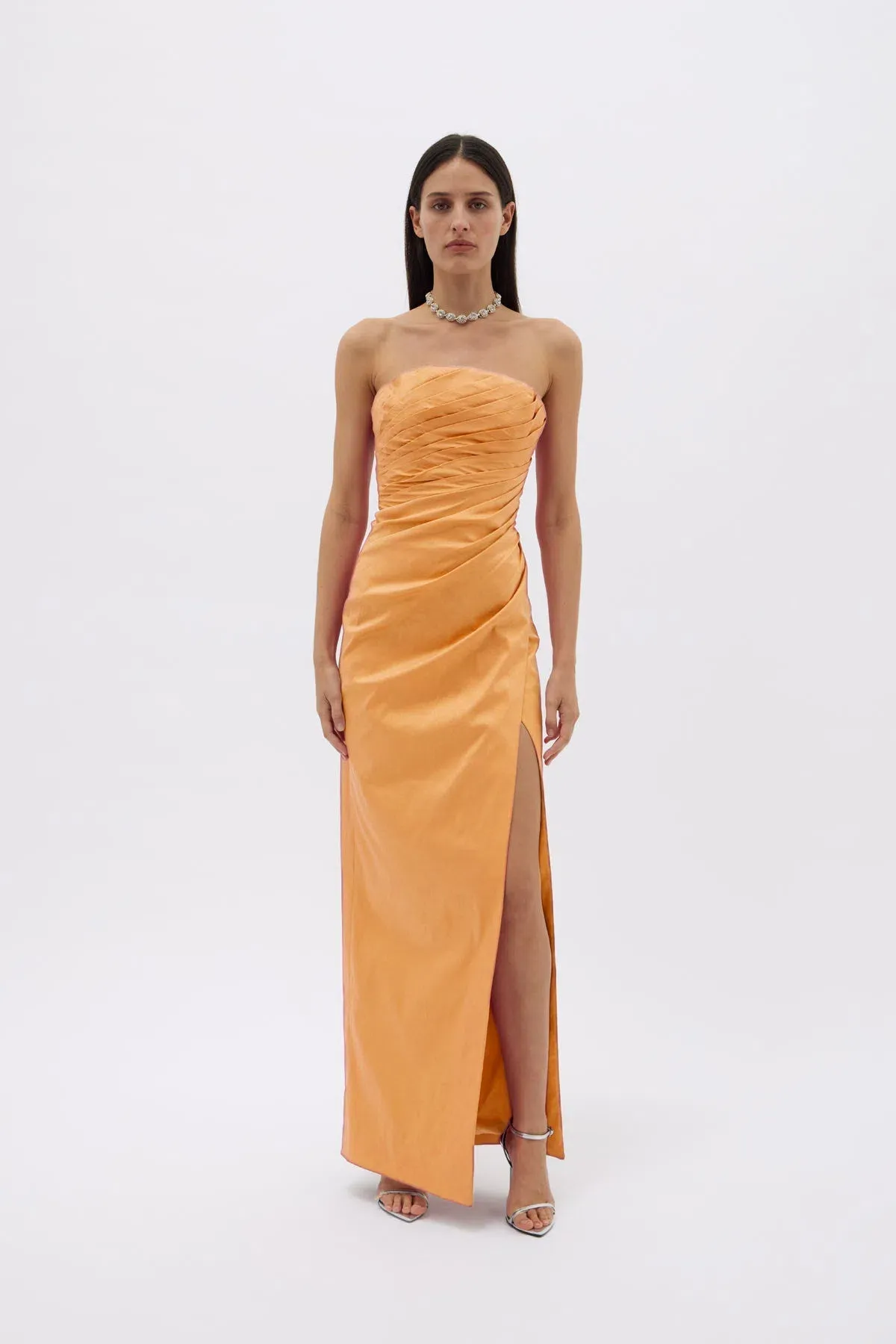 Rachel Gilbert Mira Strapless Gown Orange Amber Size 8 for rent on The Volte - main image