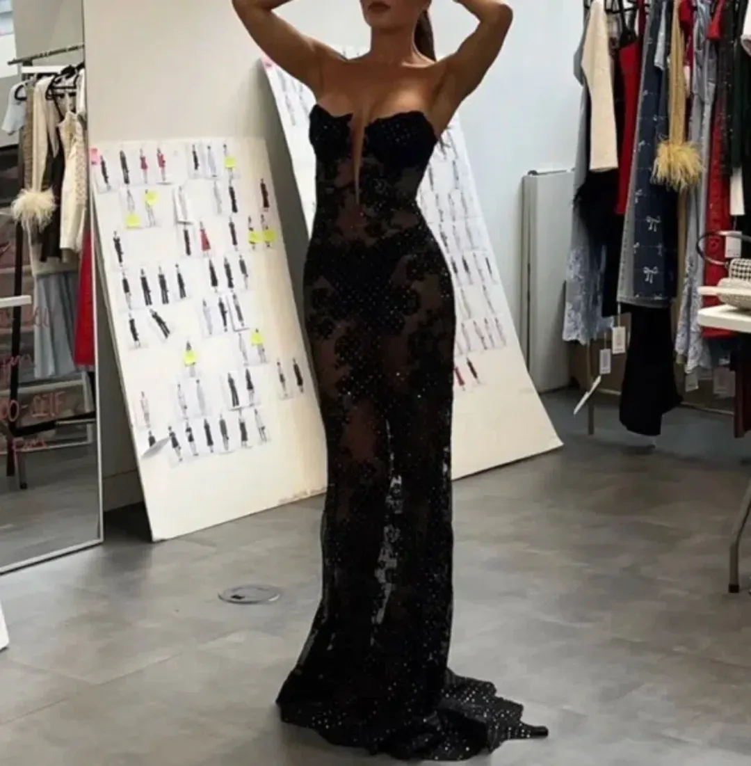 Self Portrait Rhinestone Embellished Sheer Gown Black Size AU 12 for rent on The Volte - main image