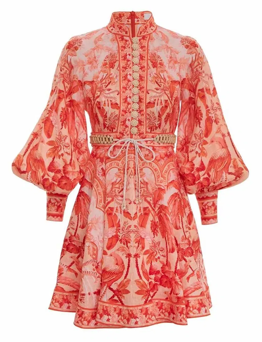 Zimmermann Lyre Billow Sleeve Mini Dress Red Palm Size 2 (AU 12) for rent on The Volte - main image