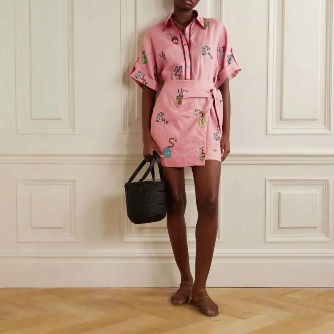 ALEMAIS Timmy Embroidered Shirt & Sarong Skirt Pink Size 10 AU for rent on The Volte - main image