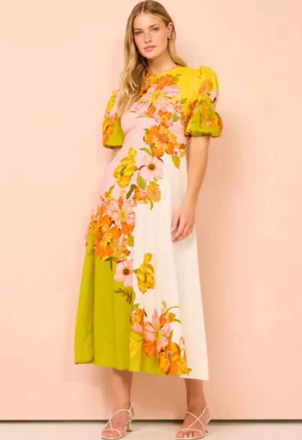 Alemais Silas Midi Dress Yellow Pink Floral Print Size 10 for rent on The Volte - main image