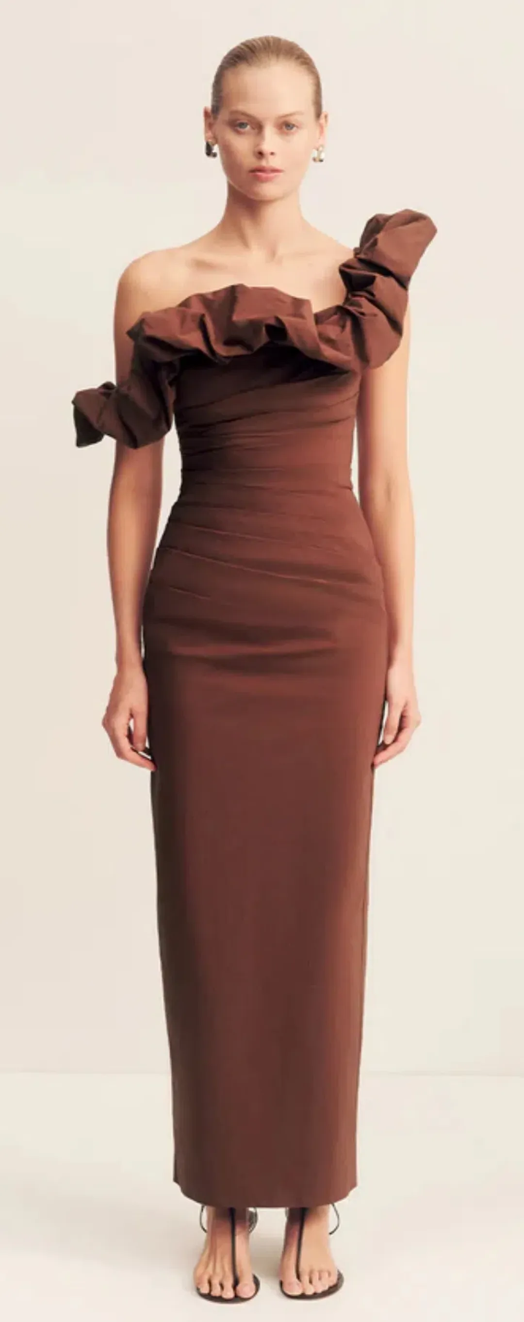 Campbell Ruffle Draped Maxi Dress - Espresso for rent on The Volte - main image