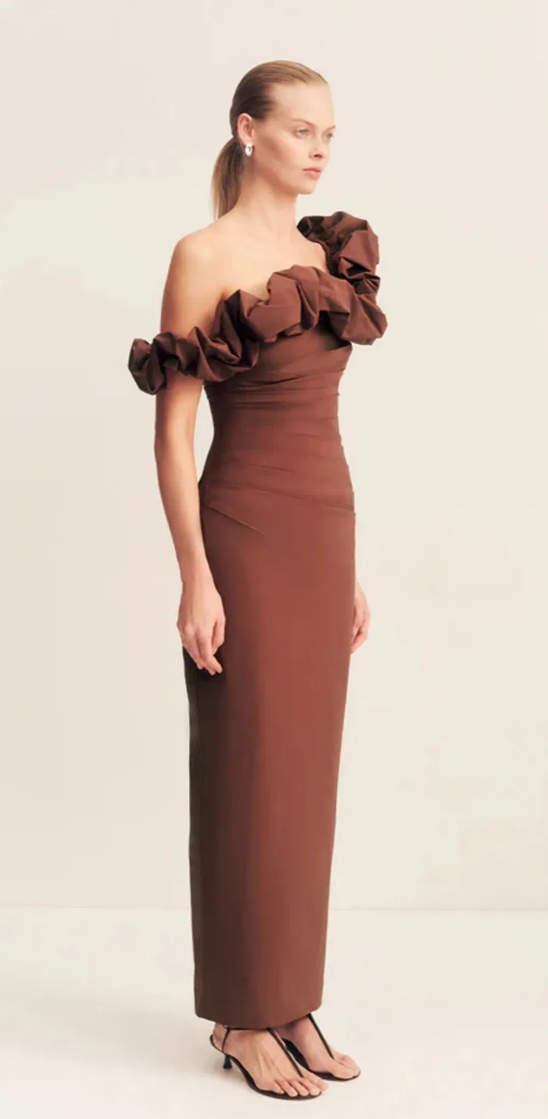Campbell Ruffle Draped Maxi Dress - Espresso for rent on The Volte - main image