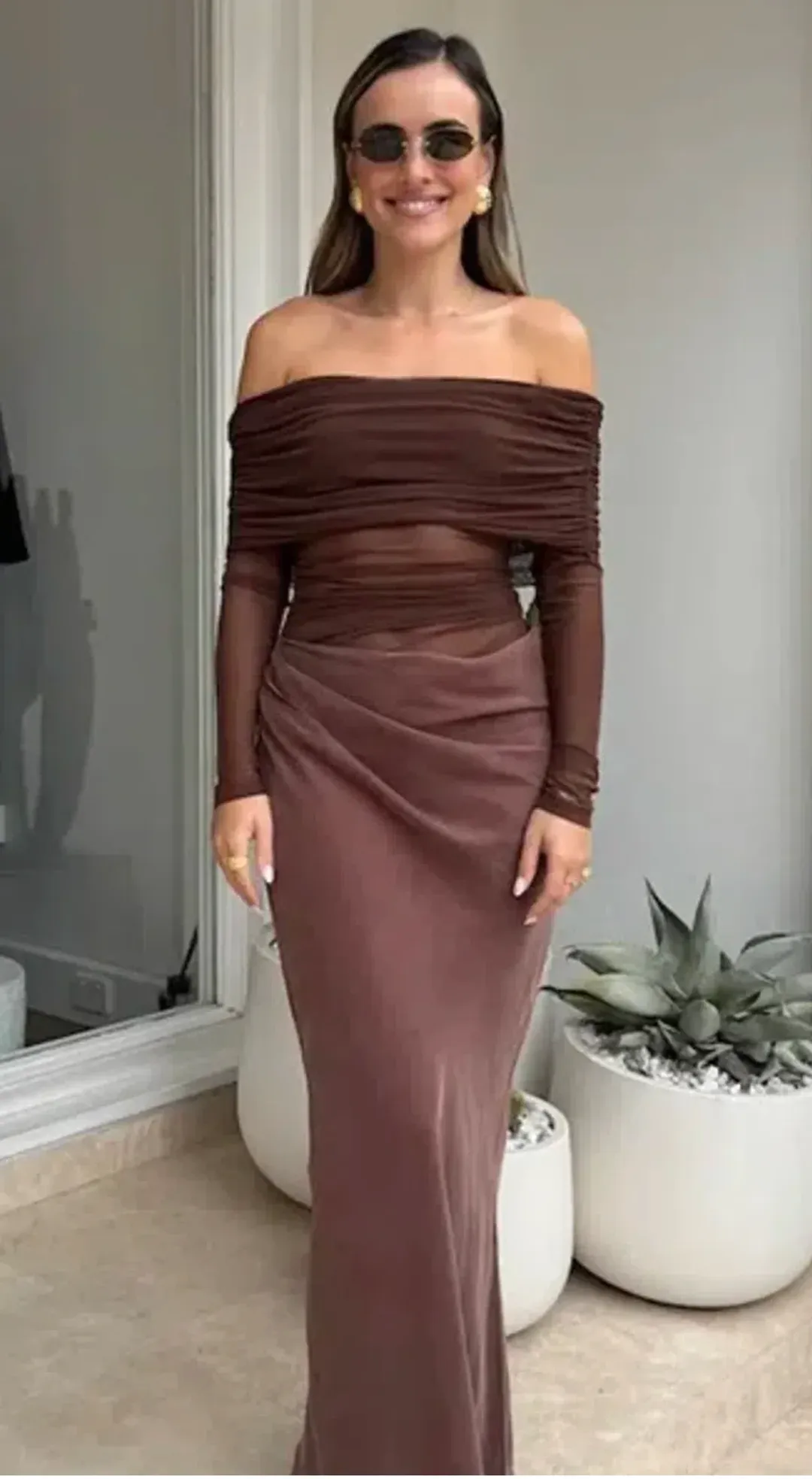 Benni Yasmin Off Shoulder Dress - Chocolate for rent on The Volte - main image