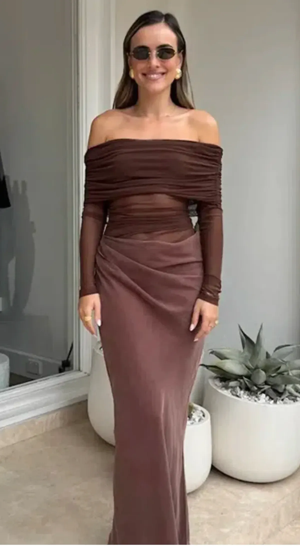 Benni Yasmin Off Shoulder Dress - Chocolate for rent on The Volte - main image