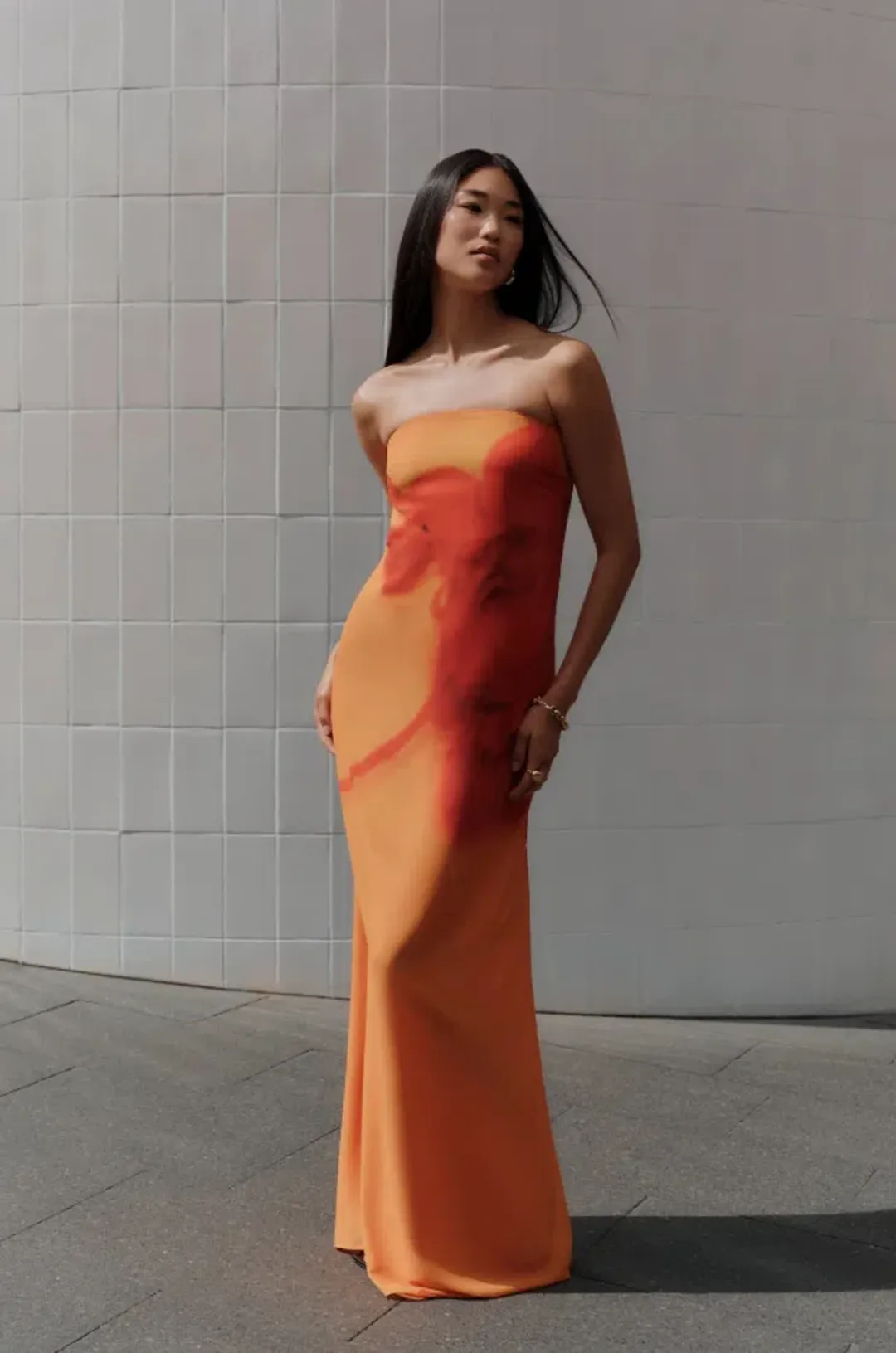 Meshki Amaya Strapless Chiffon Maxi Dress - Koi Orchid Print | S/8 for rent on The Volte - main image