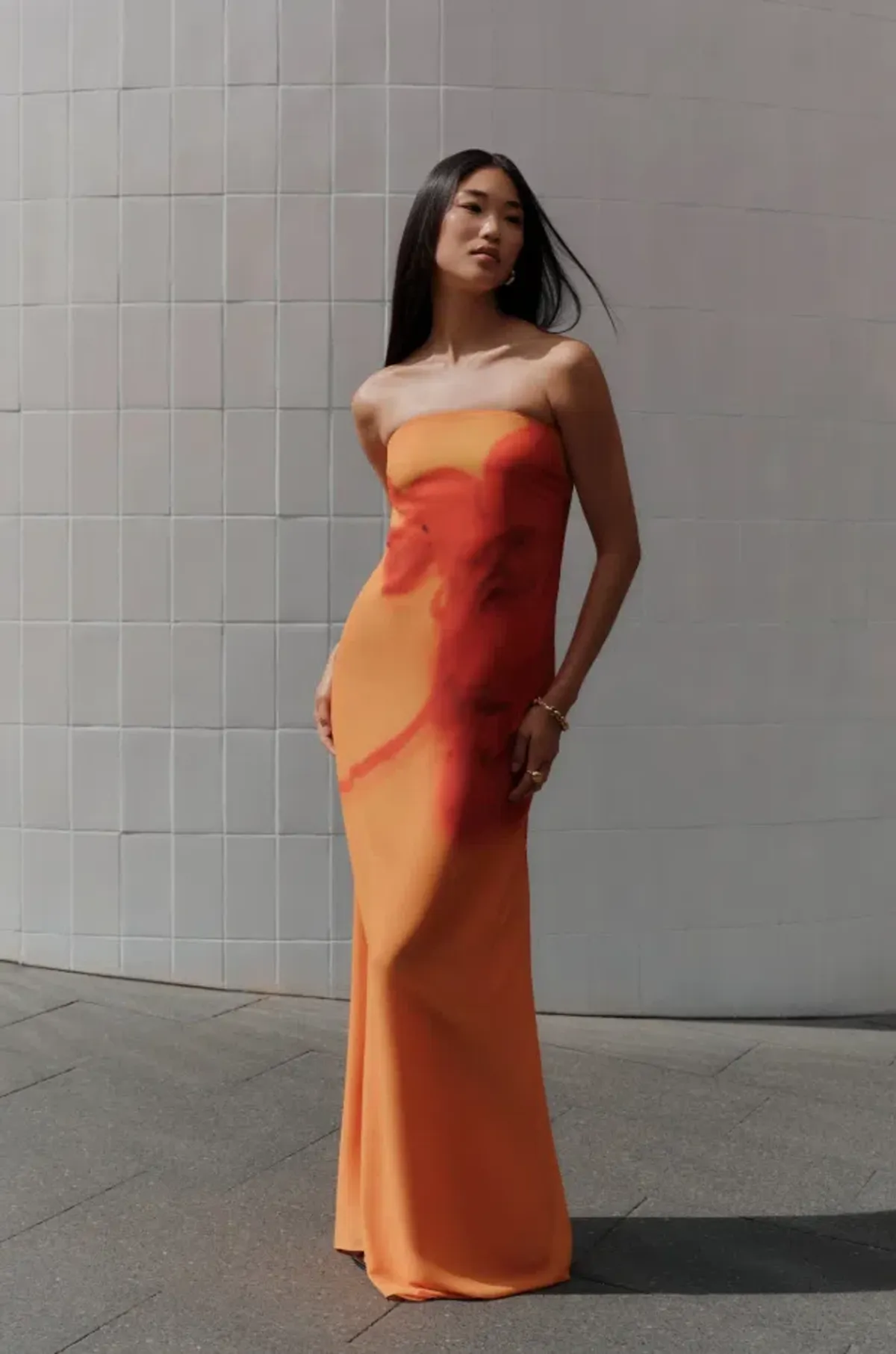 Meshki Amaya Strapless Chiffon Maxi Dress - Koi Orchid Print | S/8 for rent on The Volte - main image