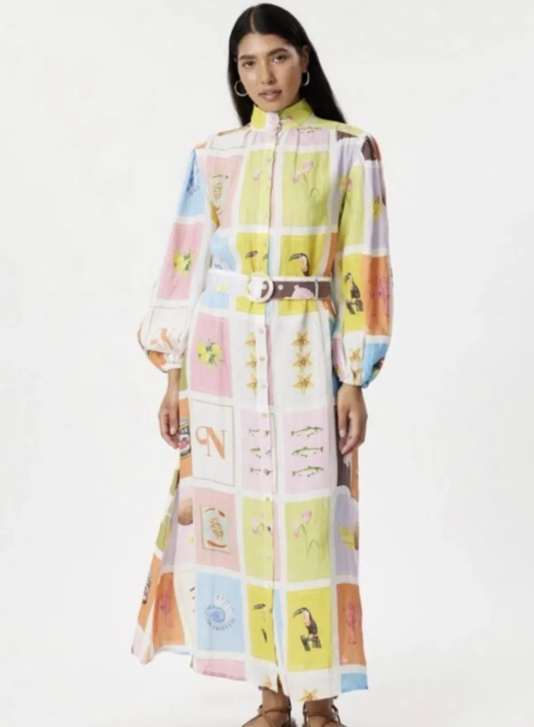 Palm Noosa Noddy Cartagena Dress Size 6  Linen Belted Long Sleeves Button Thru for rent on The Volte - main image