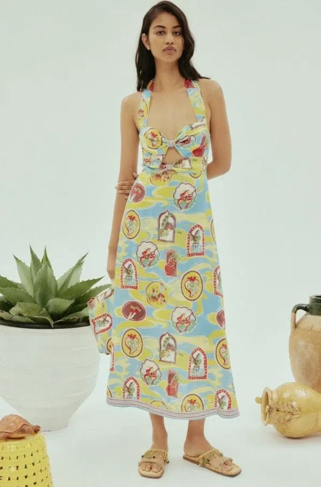 Alemais Emilio Midi Dress Size AU 8 Halterneck European Flax Linen Bust Peephole for rent on The Volte - main image