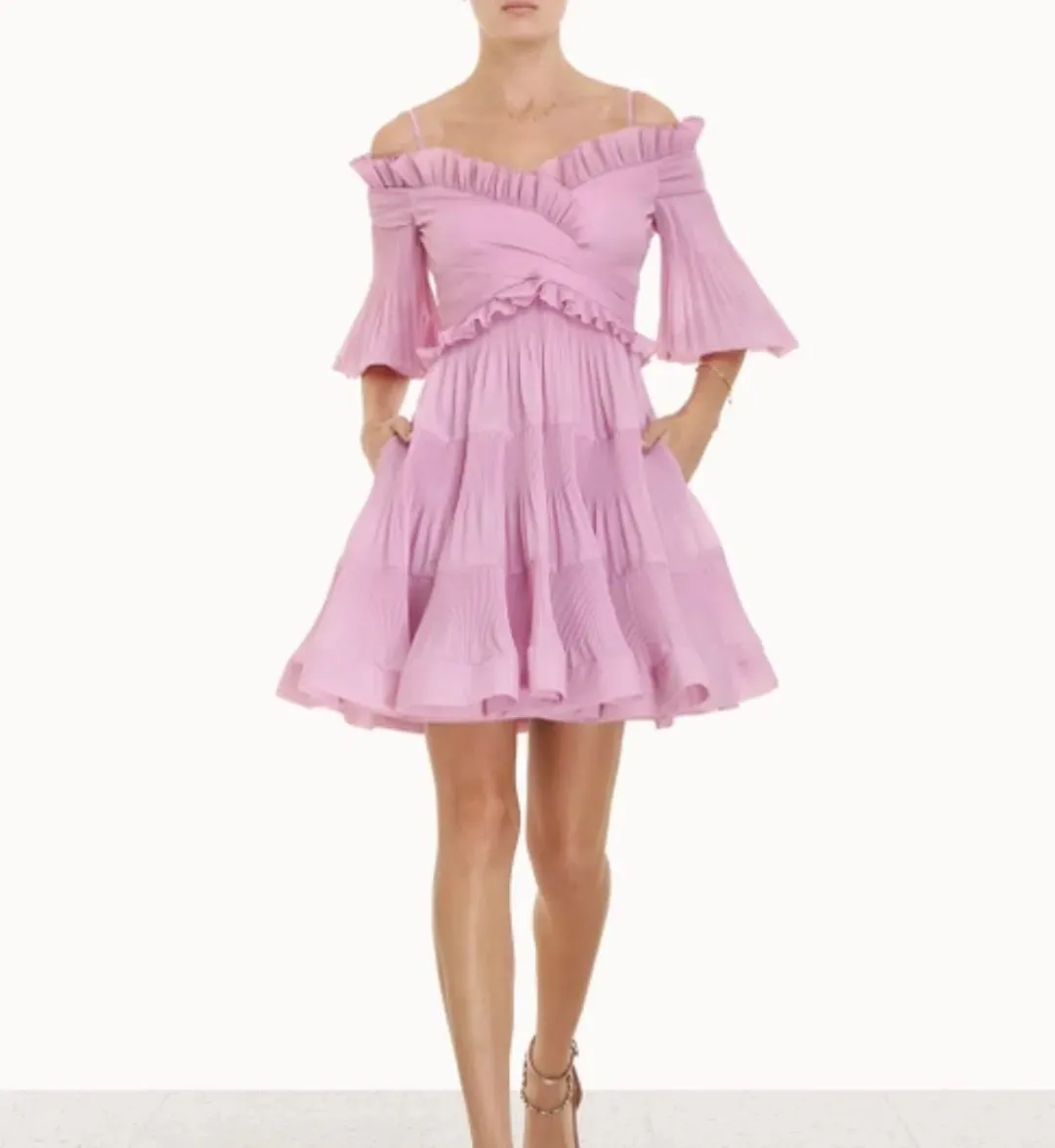 ZIMMERMAN Pleated off shoulder mini in lilac for rent on The Volte - main image