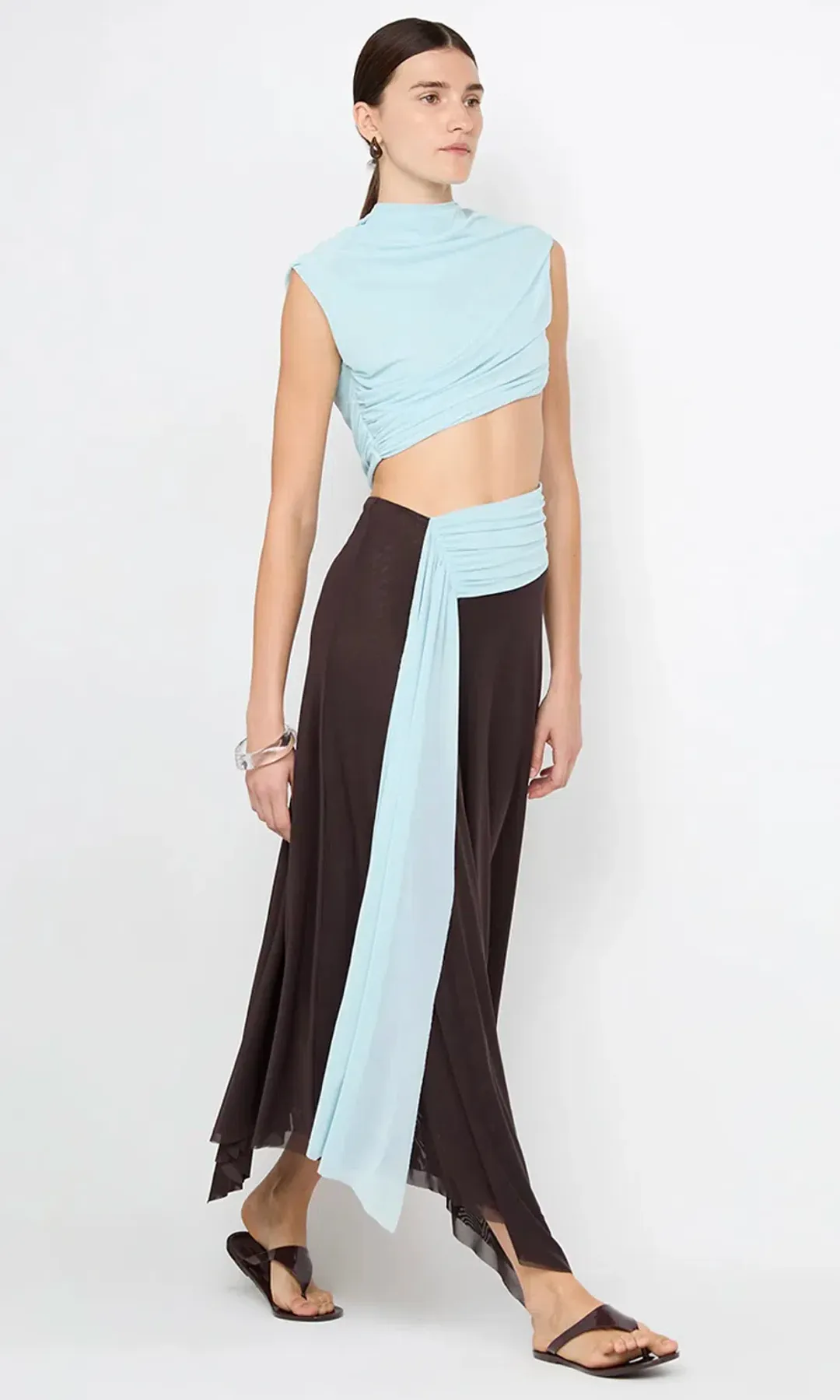 Bec & Bridge Conni ASYM Midi Dress Arctic Blue / Dark Chocolate Size 6 for rent on The Volte - main image