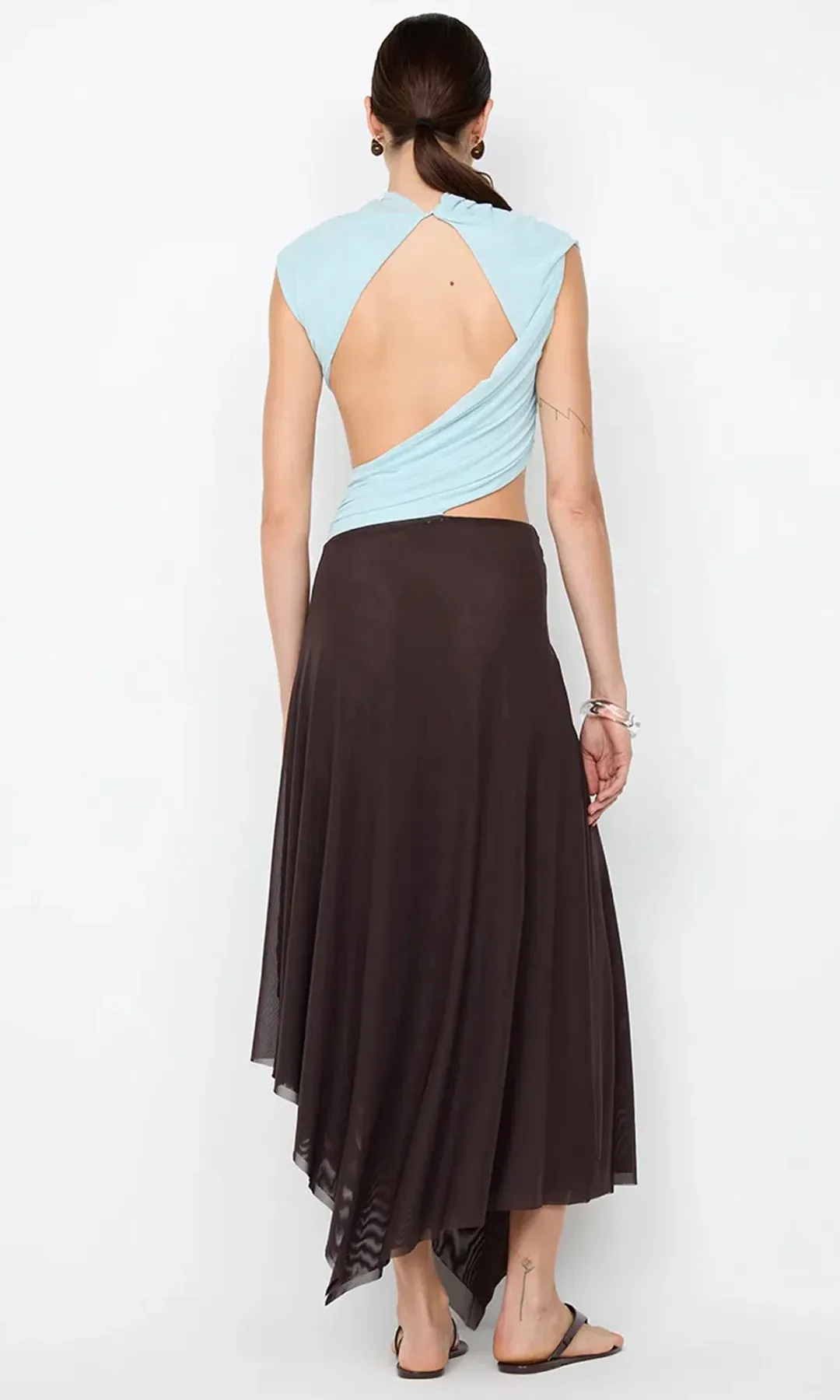 Bec & Bridge Conni ASYM Midi Dress Arctic Blue / Dark Chocolate Size 6 for rent on The Volte - main image