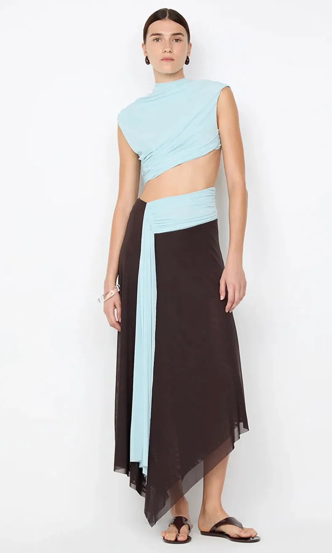 Bec & Bridge Conni ASYM Midi Dress Arctic Blue / Dark Chocolate Size 6 for rent on The Volte - main image