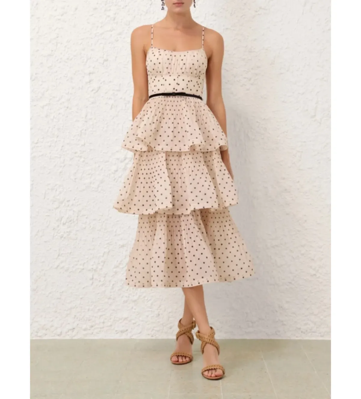 Zimmermann Pleated Tiered Midi Dress in Cream/Black Polka Dot Size 2/AU 12 for rent on The Volte - main image