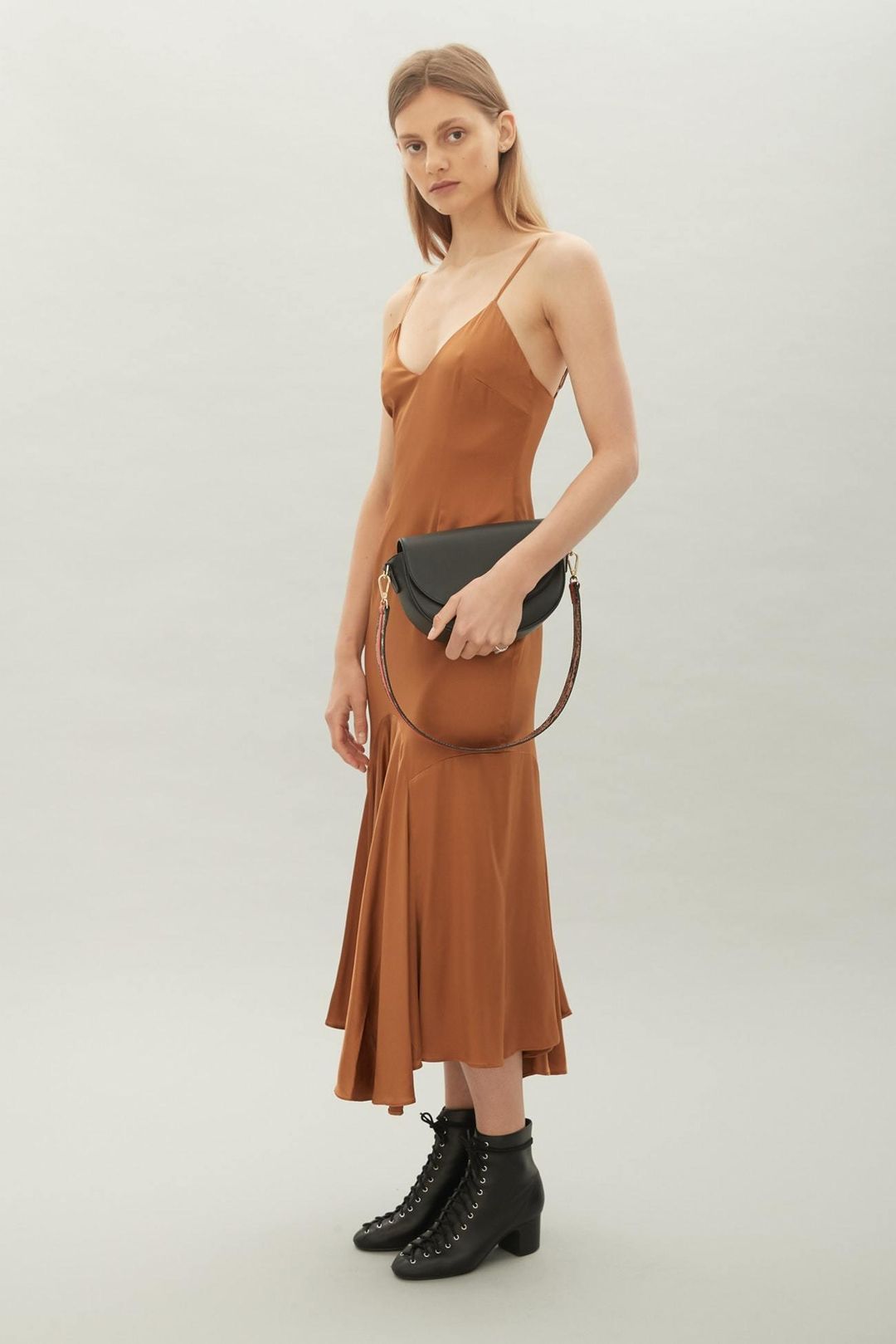 Hansen and Gretel sleek silk tan midi dress size 10 for rent on The Volte - main image