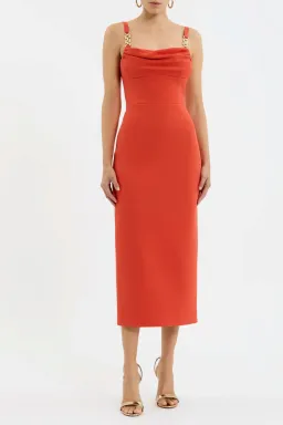 Rebecca Vallance Empress Midi Dress Orange With Gold Trim Size 10 for rent on The Volte - image 1