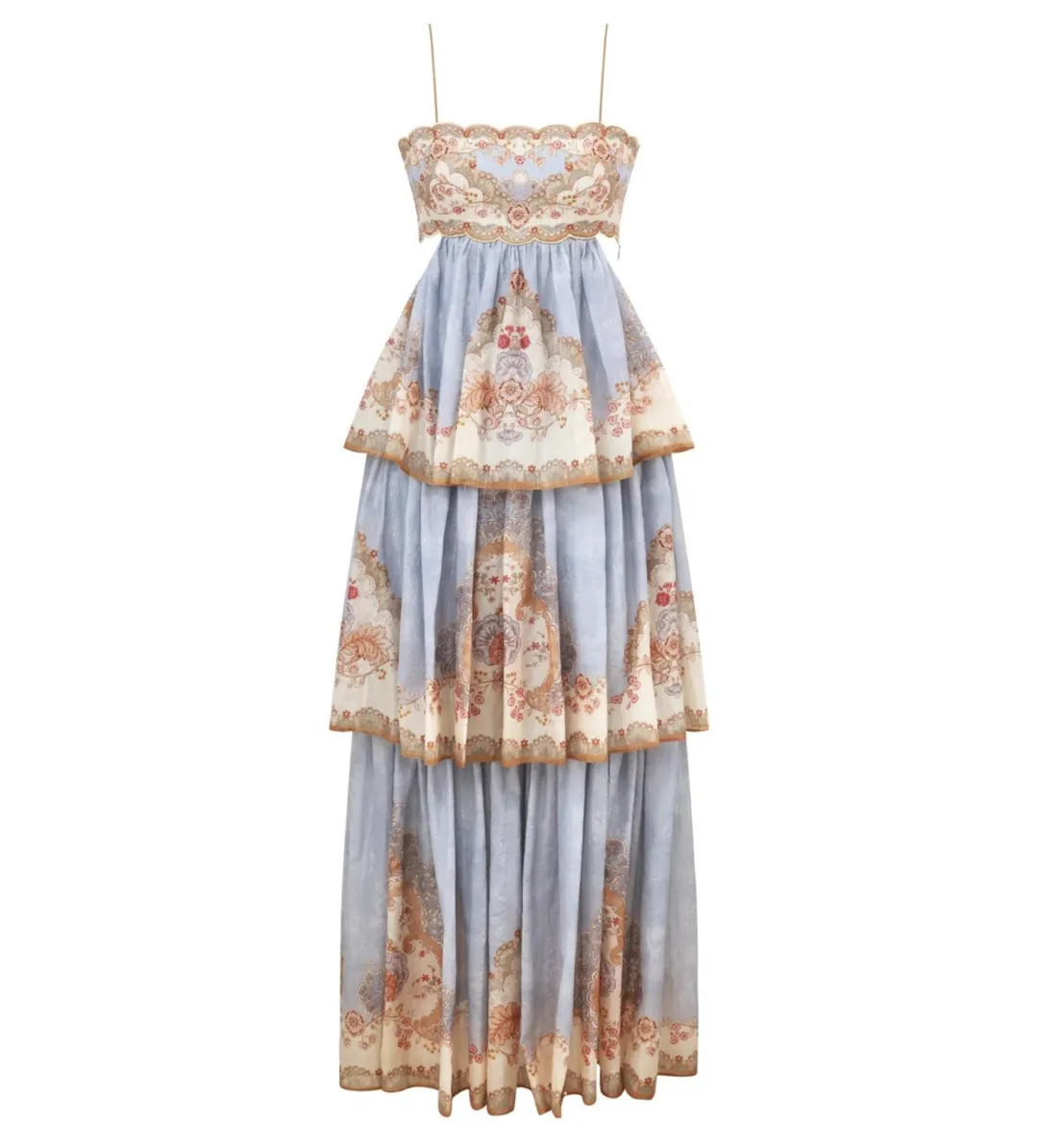 Zimmermann Daylight Tiered Maxi Dress Wallpaper Floral Denim Size 2 AU 12 for rent on The Volte - main image
