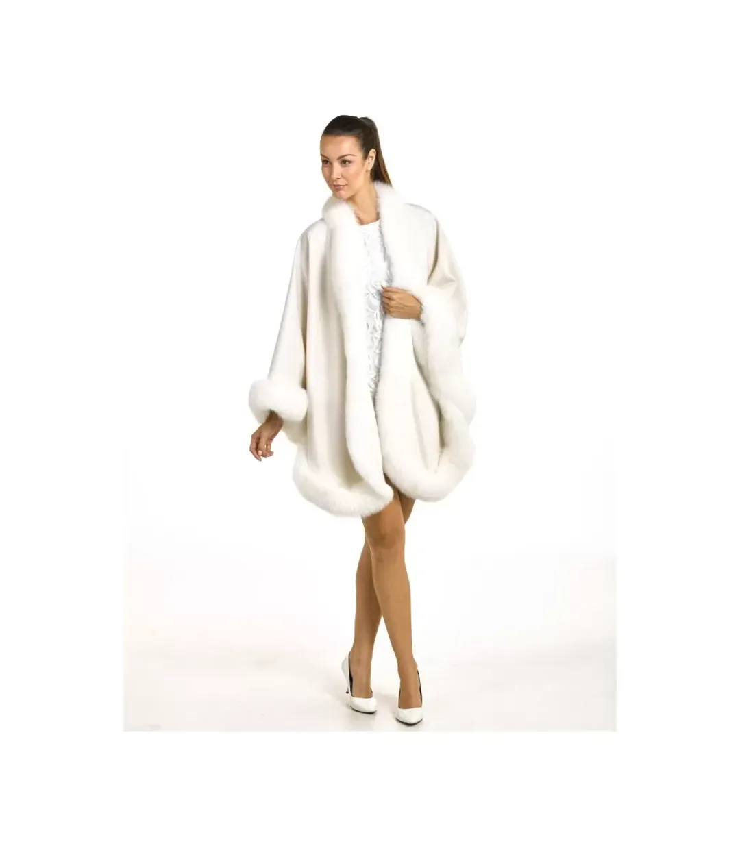 Fur Hat World - Cashmere Cape with Fox Fur Trim - Ivory - O/S for rent on The Volte - main image