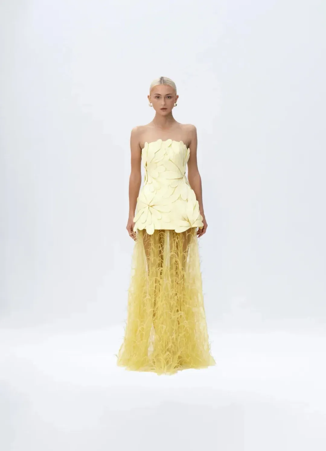 Justin Tong Marisol Applique Gown Yellow Feather Sheer Dress Size 10 for rent on The Volte - main image