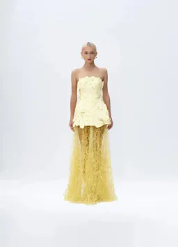 Justin Tong Marisol Applique Gown Yellow Feather Sheer Dress Size 10 for rent on The Volte - image 2