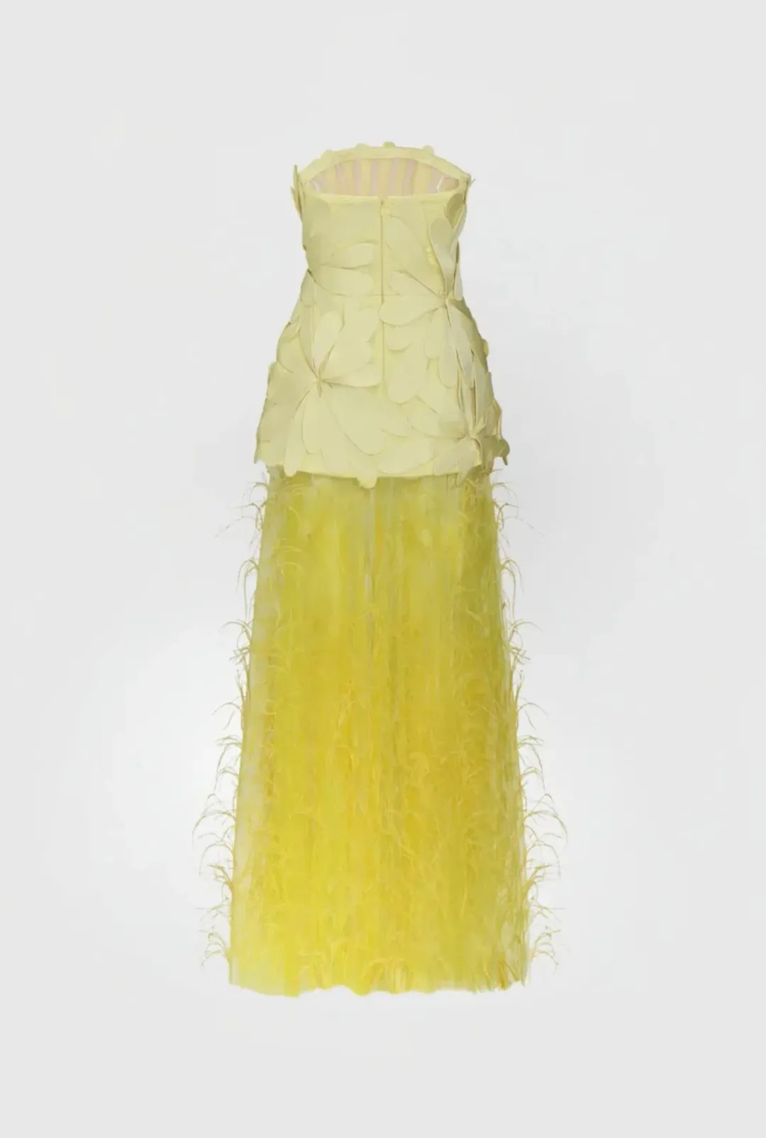 Justin Tong Marisol Applique Gown Yellow Feather Sheer Dress Size 10 for rent on The Volte - main image