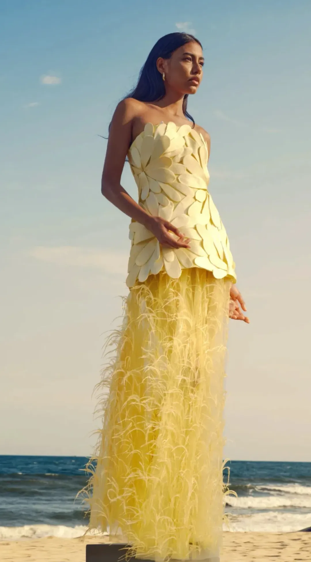 Justin Tong Marisol Applique Gown Yellow Feather Sheer Dress Size 10 for rent on The Volte - main image