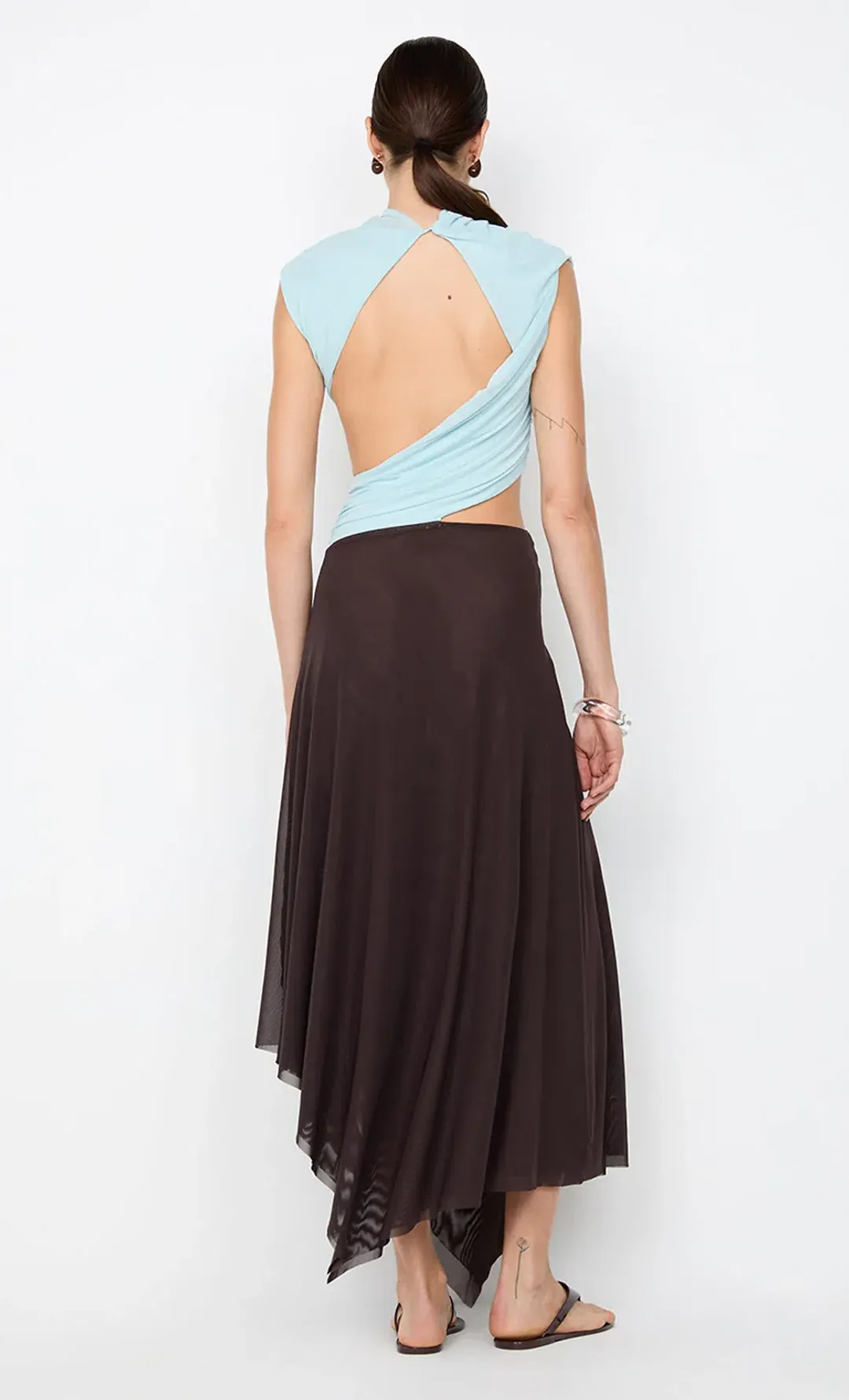 Bec and Bridge CONNI ASYM MIDI DRESS Arctic Blue Dark Chocolate size 8 / S au for rent on The Volte - main image