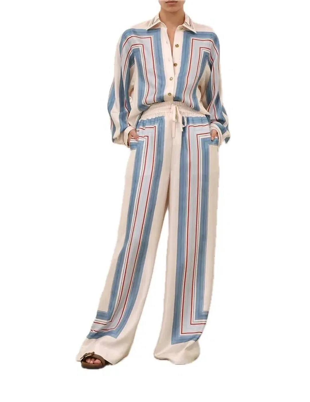 Zimmermann Relaxed Scarf Shirt and Pant Set in Ticking Stripe Size 6/8 (OP) for rent on The Volte - main image