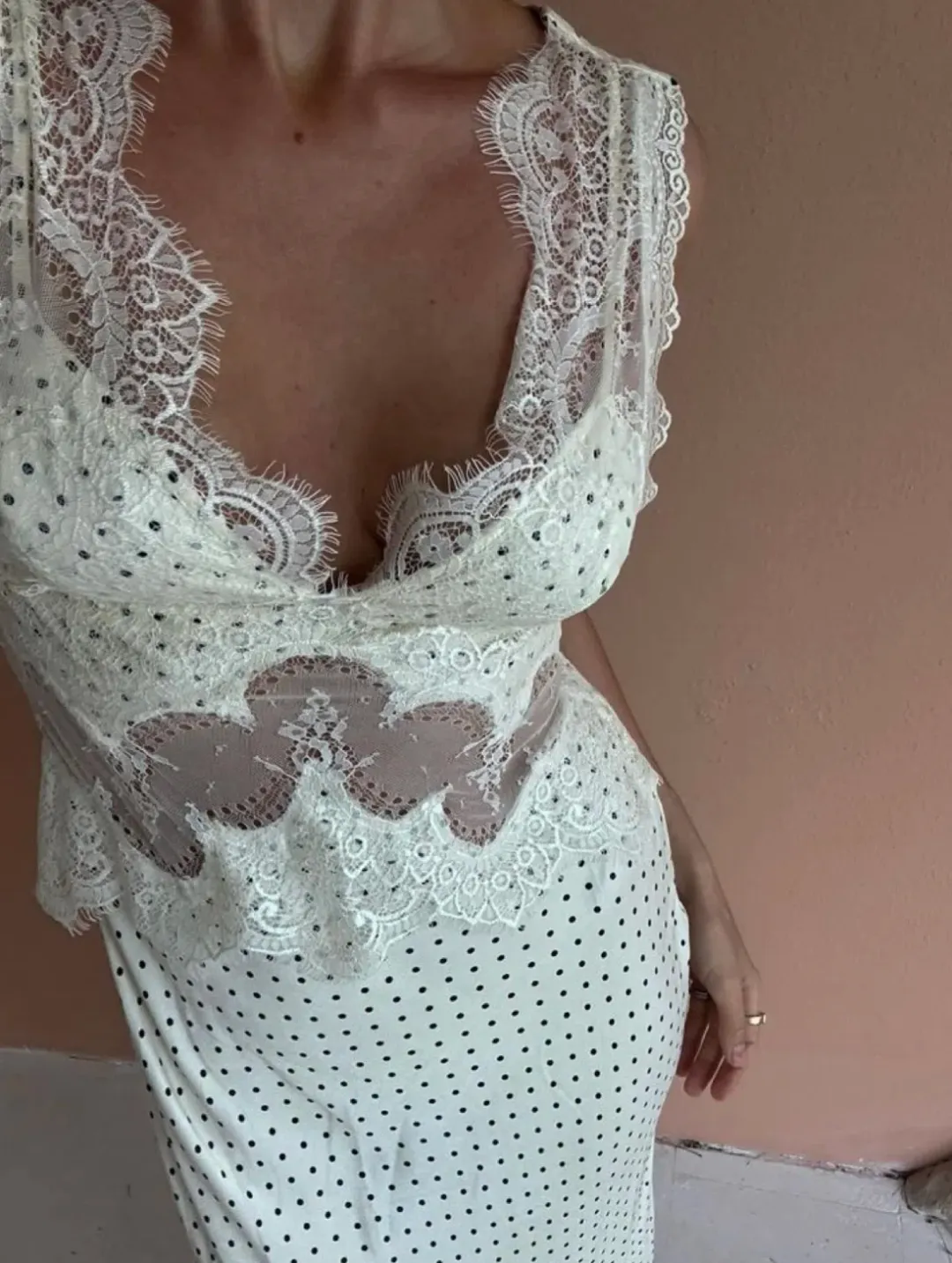 Third Form - VISIONS LACE DEEP V MAXI DRESS | CREAM POLKA DOT for rent on The Volte - main image