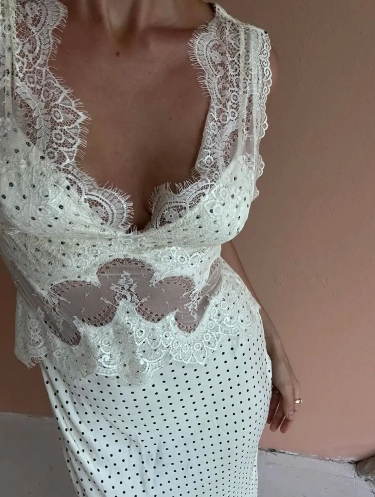 Third Form - VISIONS LACE DEEP V MAXI DRESS | CREAM POLKA DOT for rent on The Volte - main image