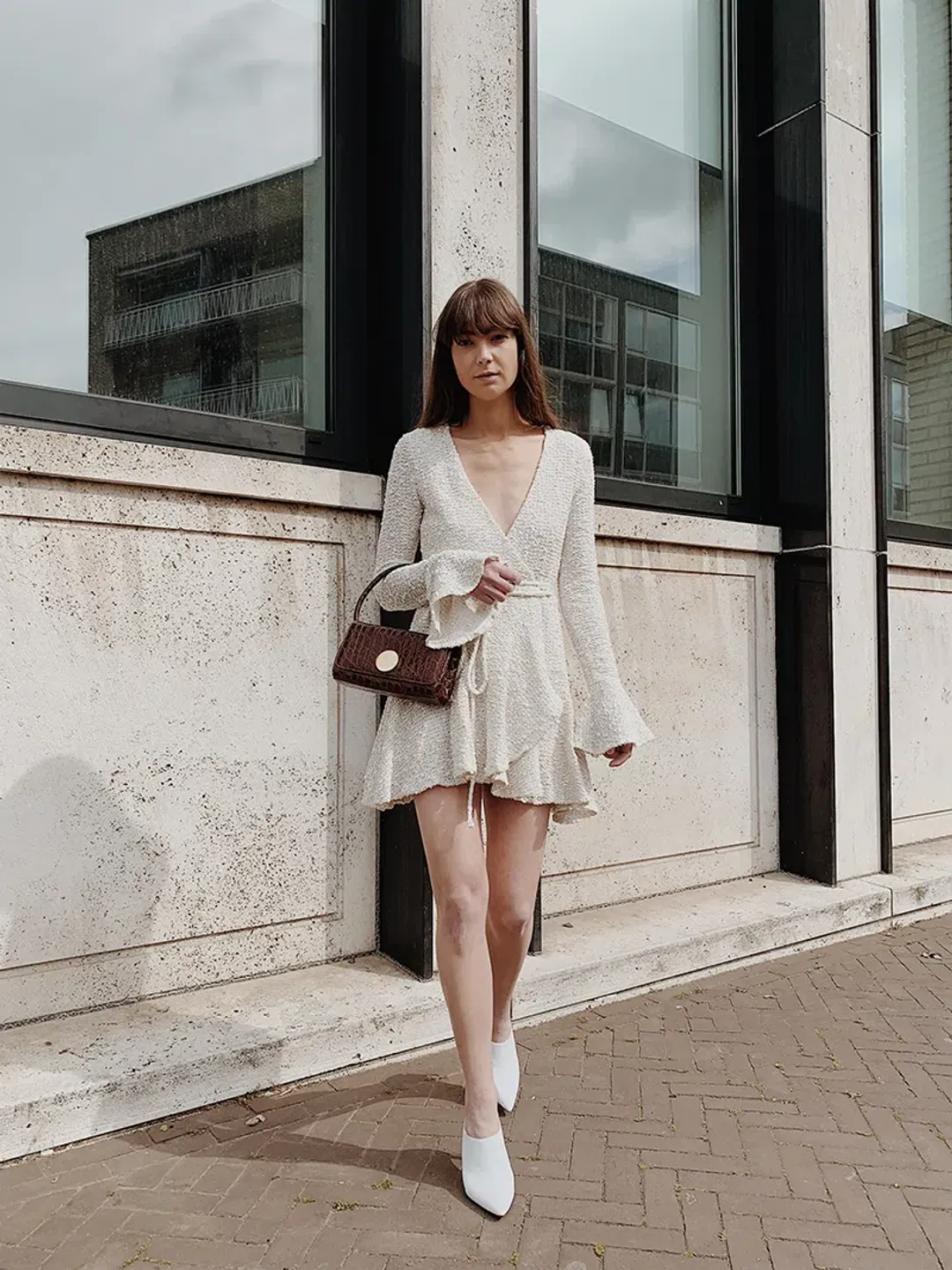 Shona Joy Hayes Mini Boucle Wrap Dress White Size 8 for rent on The Volte - main image