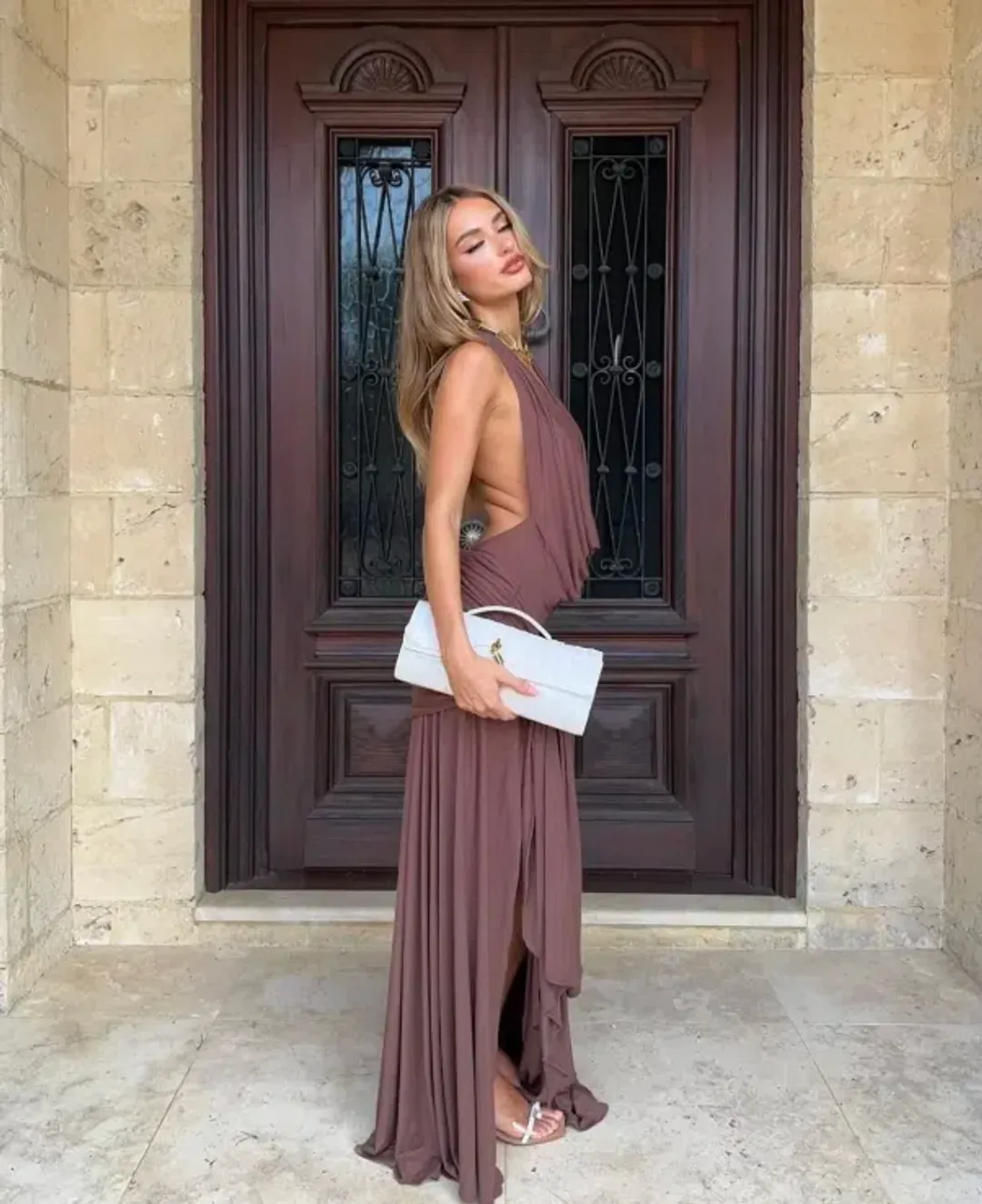 cherie attire,  Evelyn Halter Maxi Dress - Brown, size 8  for rent on The Volte - main image