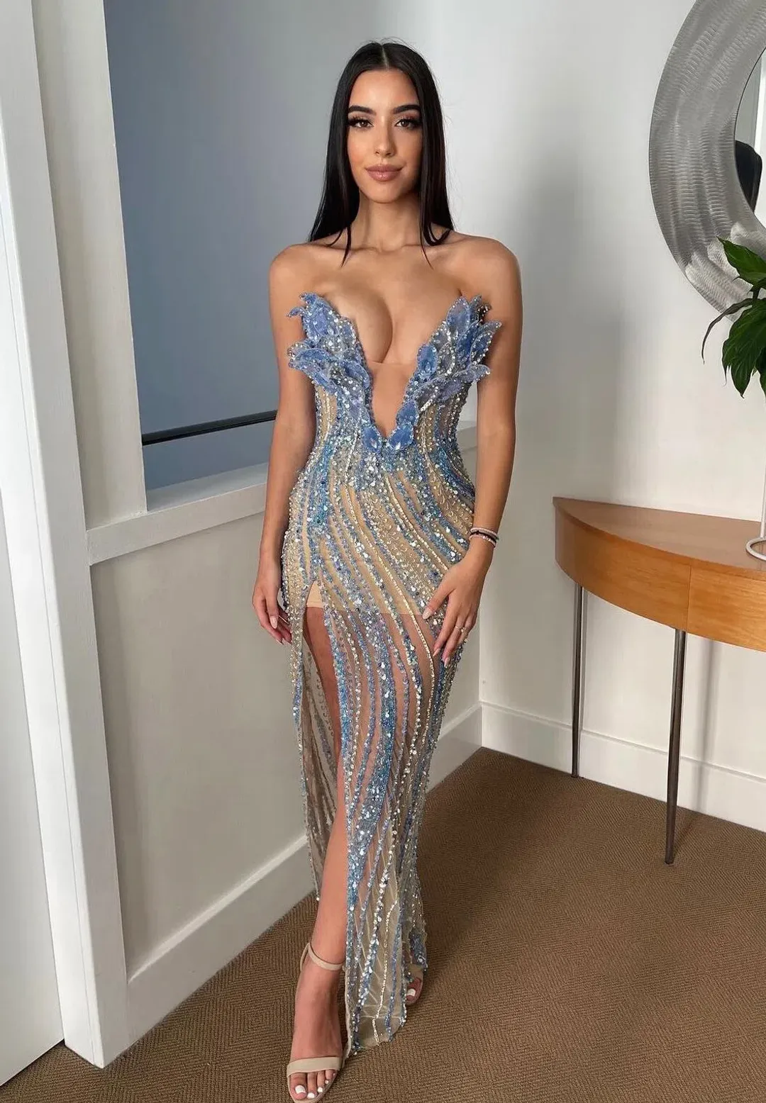 Albina Dyla - Blue embellished dress with leaf corset for rent on The Volte - main image