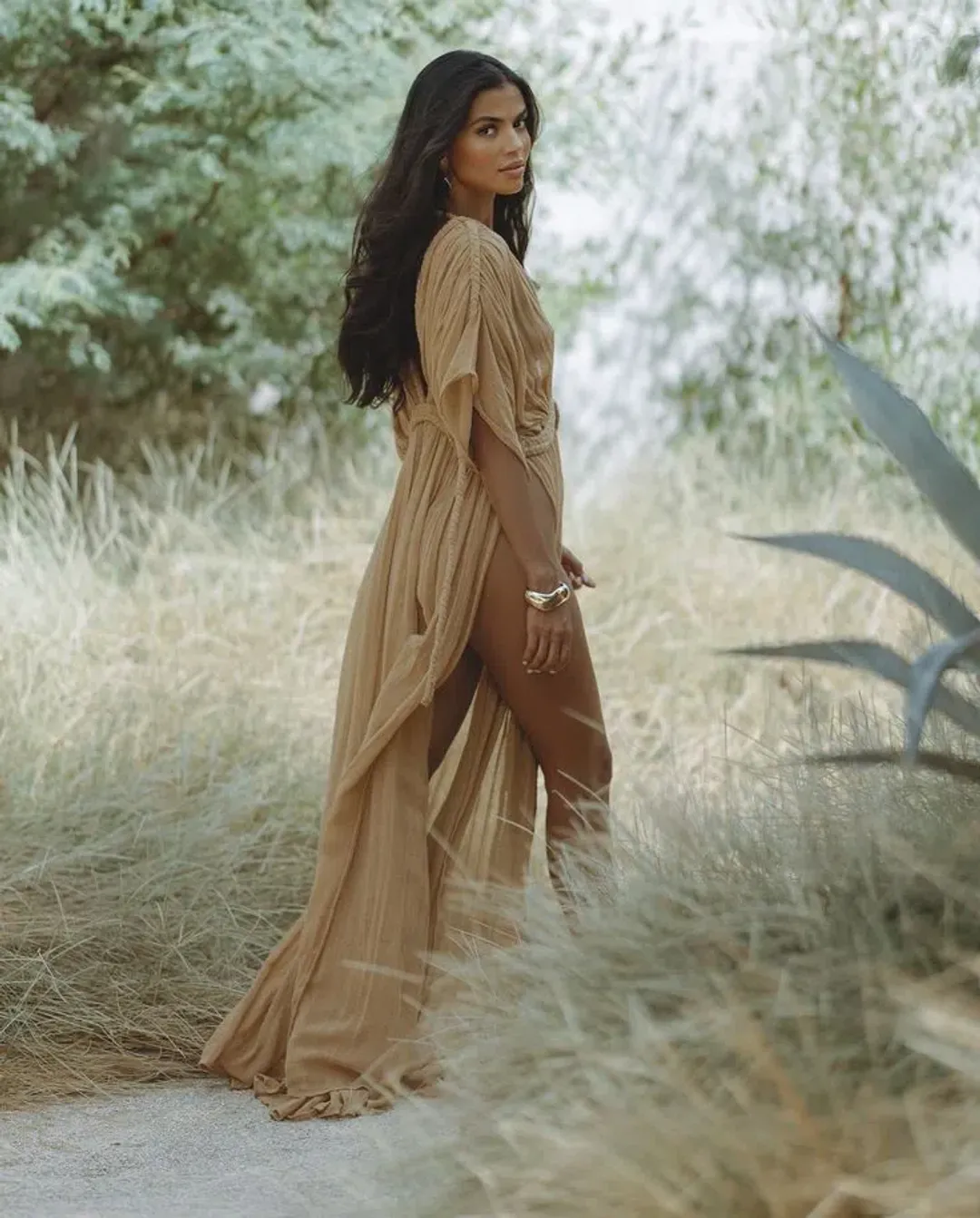 CALLIOPE SHEER MAXI ROBE DRESS CARAMEL for rent on The Volte - main image