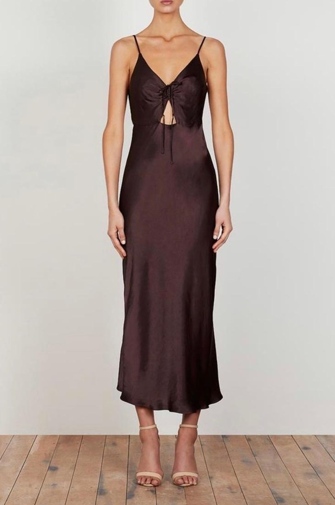 Shona Joy Wright Ruched Bias Slip Dress Chocolate Brown Size 8 for rent on The Volte - main image