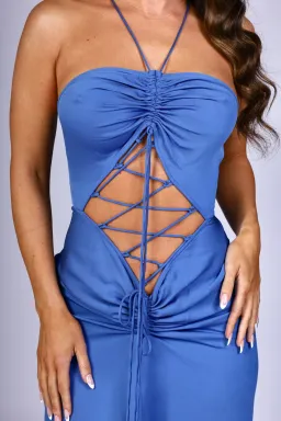 Lattice Waist Midi Dress - Blue for rent on The Volte - image 3