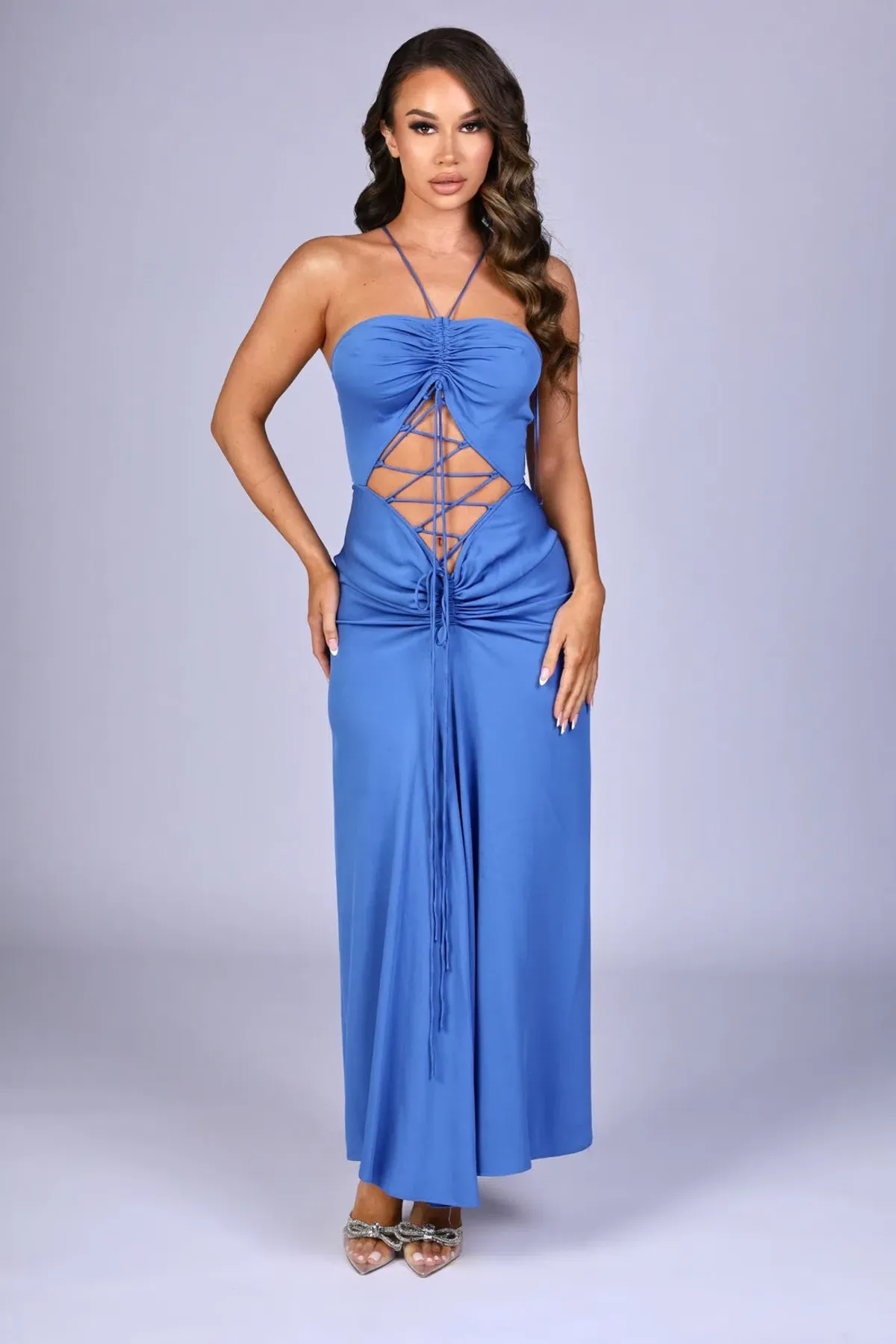Lattice Waist Midi Dress - Blue for rent on The Volte - main image