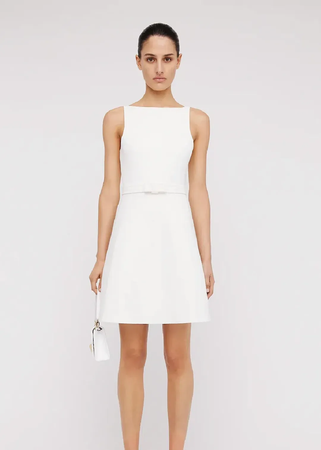 Crepe Knit Bow Bell Dress White With Belt for rent on The Volte - main image